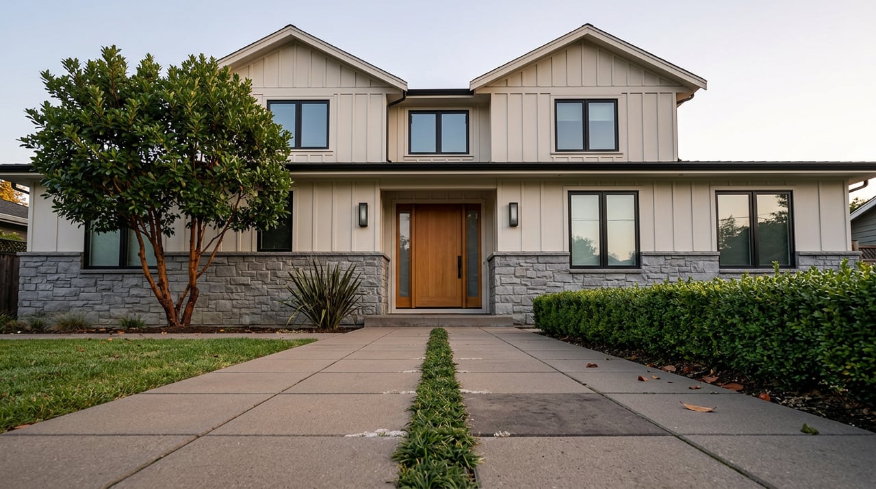 Two-story home with paired gables, a stone base, warm-white siding, and a paver path lined with clipped boxwood.