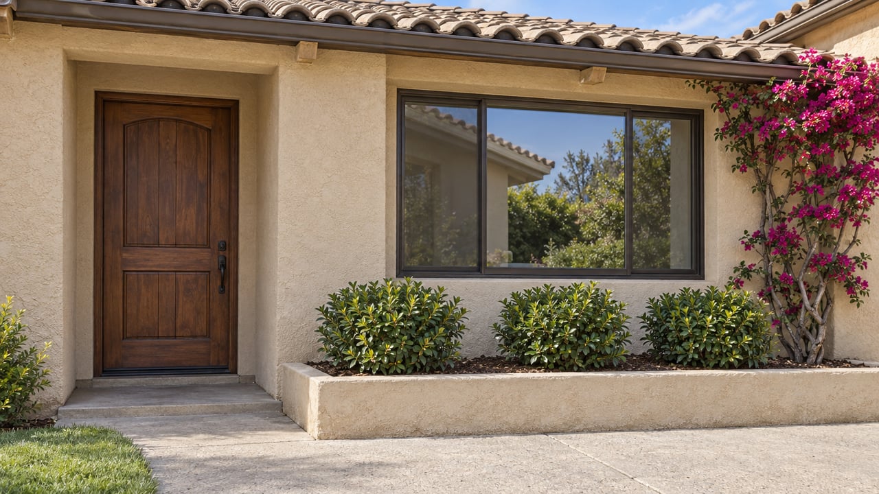 Sand-colored stucco entry with a walnut door, broad window, and magenta bougainvillea climbing the pier.