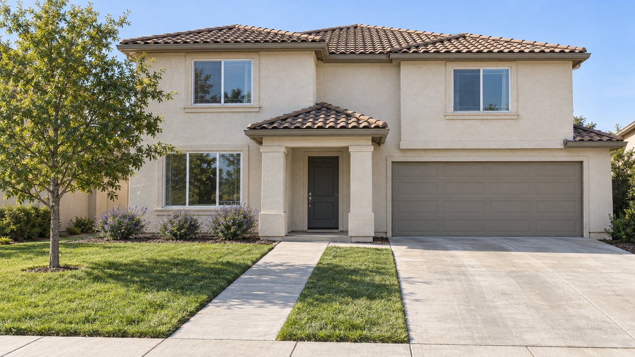Two-story ivory stucco home with a tiled roof, front lawn, young oak and a concrete driveway in afternoon sunlight.