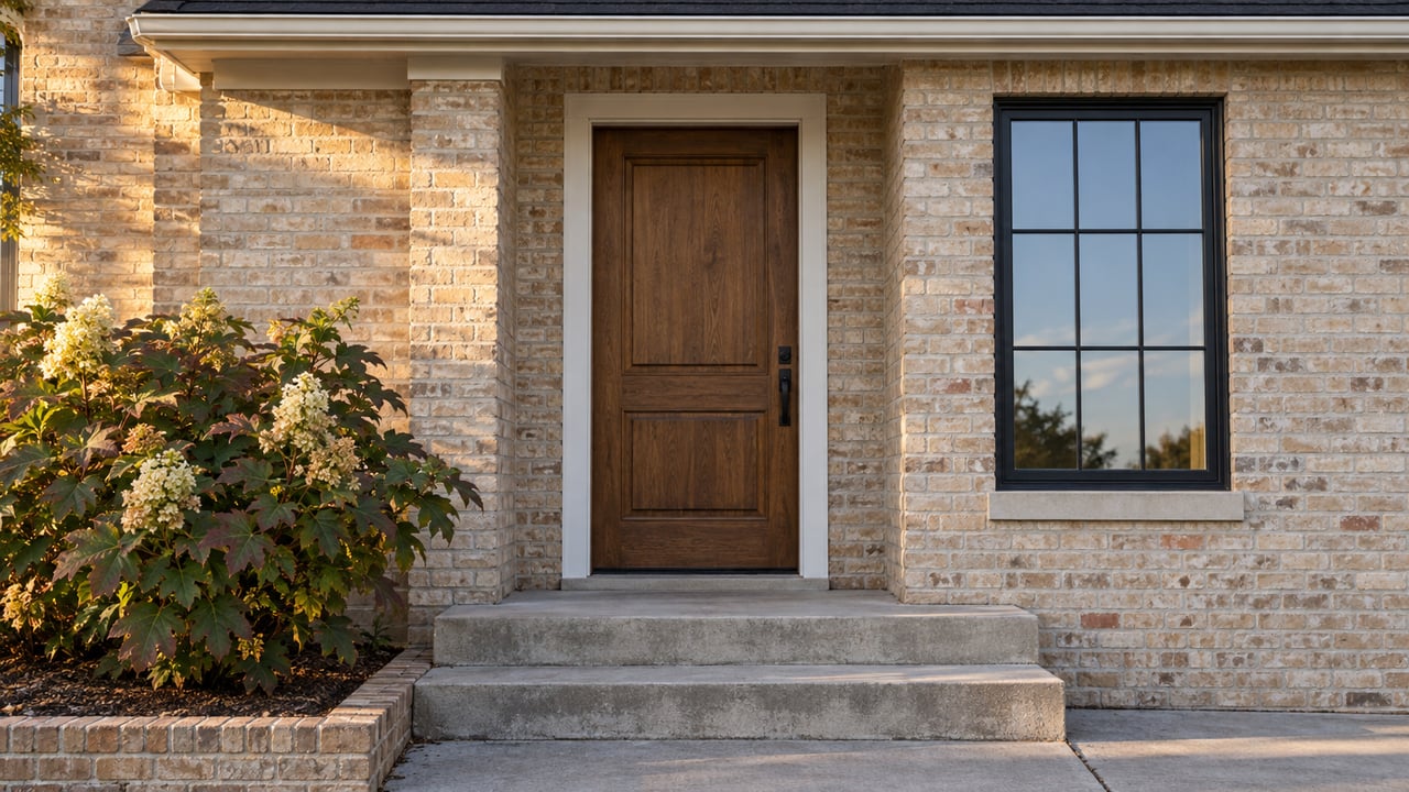 Buff brick home entrance with a walnut door, divided-light window, concrete steps, and hydrangea.