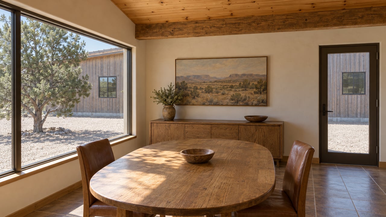 Sunlit ranch-home dining alcove with a pine ceiling, worn oak table, leather chairs, and a window overlooking a gravel court and cedar shop.