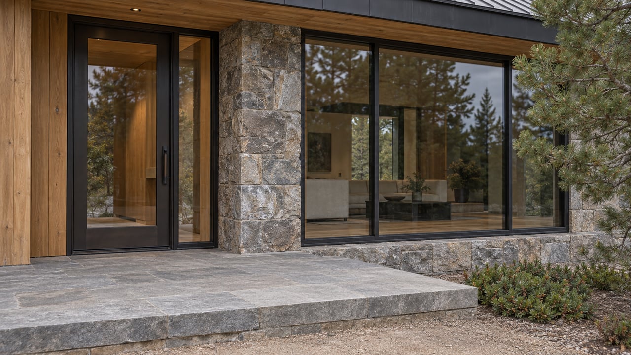 Modern house entry with a dark glass door, stone pier, cedar siding, and pine reflected in living-room windows.