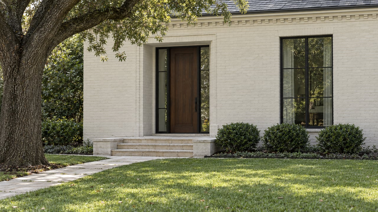 Ivory brick house entrance with a dark oak door, black sidelights, limestone steps, lawn, and live oak.