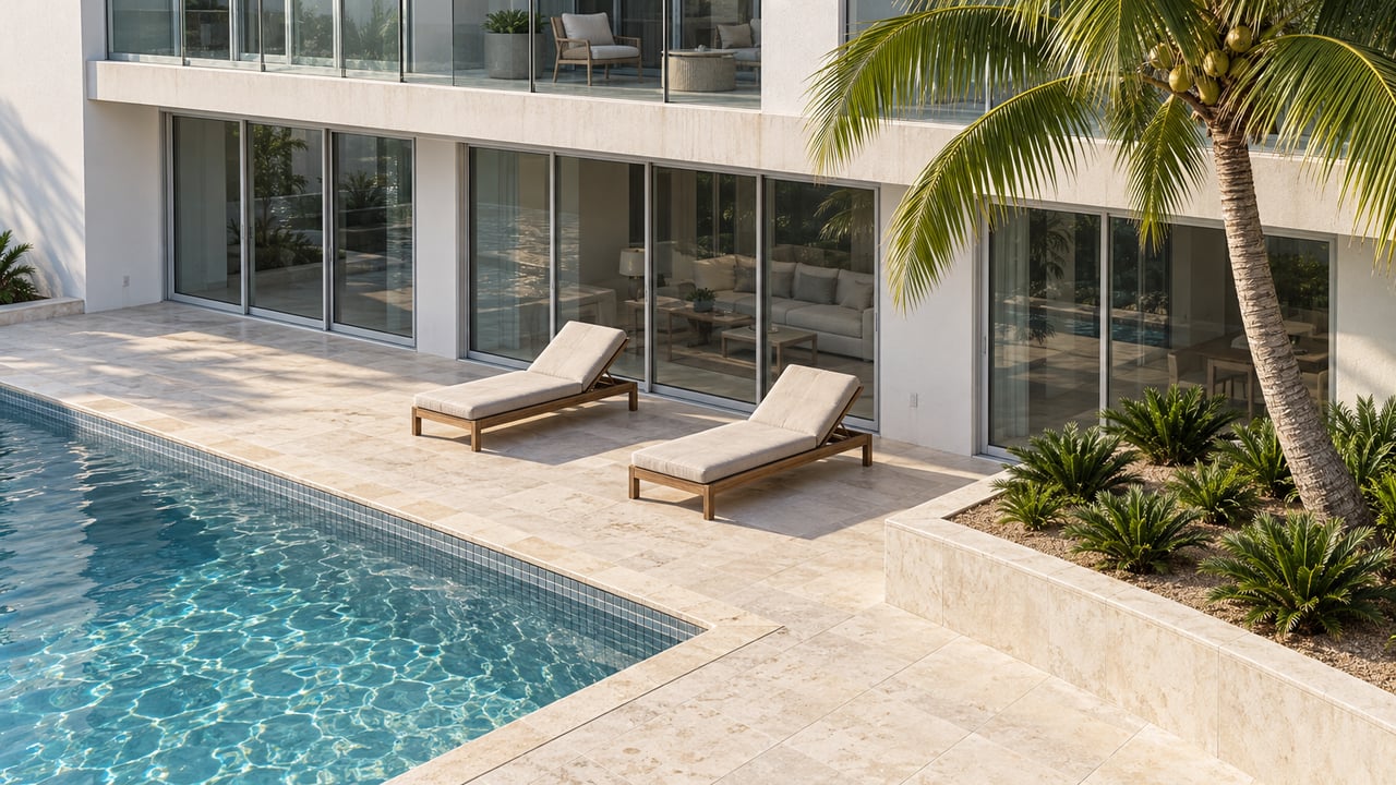 Elevated view across a blue-green residential pool toward a white stucco building, glass balcony, limestone terrace and two teak loungers beside a coconut palm.