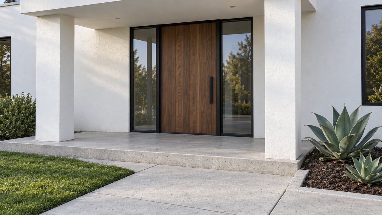 Close view of a white stucco home's covered entry, walnut door, black-framed sidelights, pale concrete approach and two sculptural agaves.