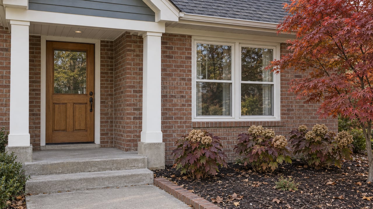 Brick home entry with an oak door, paired windows, concrete steps and copper-red autumn planting.