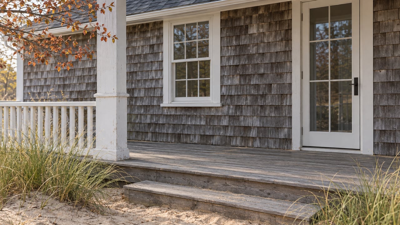 Weathered cedar cottage porch with a white column, glazed door, sandy steps, and sparse russet leaves.