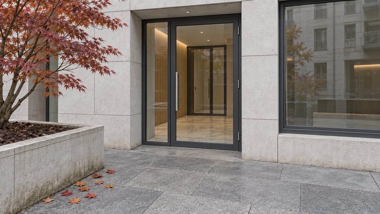 Modern apartment entrance with limestone cladding, closed glass doors, granite paving and a burgundy-orange Japanese maple in a raised stone planter.