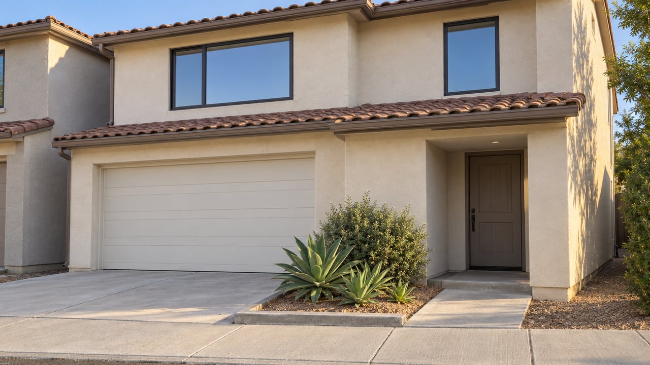 Attached cream-stucco home with terracotta roof tiles, paneled garage door, recessed entry, and agaves along the walkway.