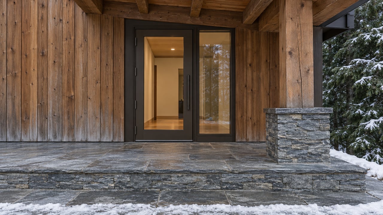 Snow-edged slate entry terrace beneath timber beams, with cedar siding, a glazed bronze door and a stacked stone support base.