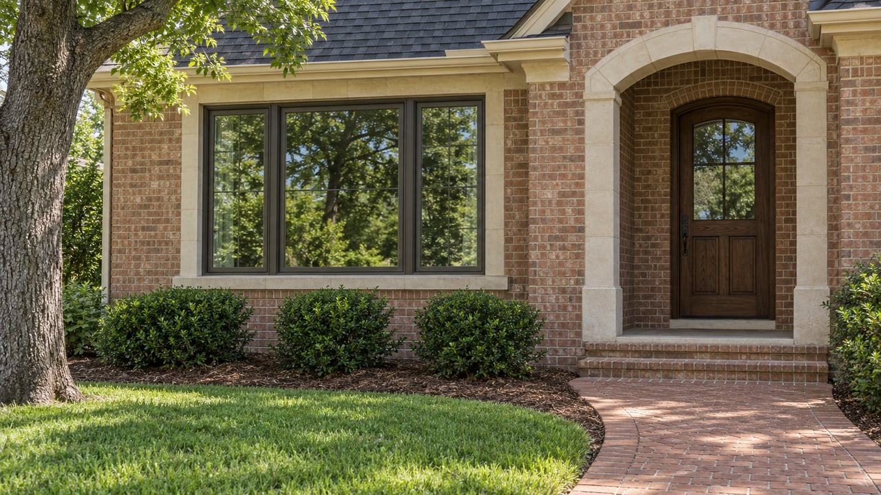 Brick and pale limestone home with an arched oak entry, broad bronze-framed window, and curved brick garden walk.