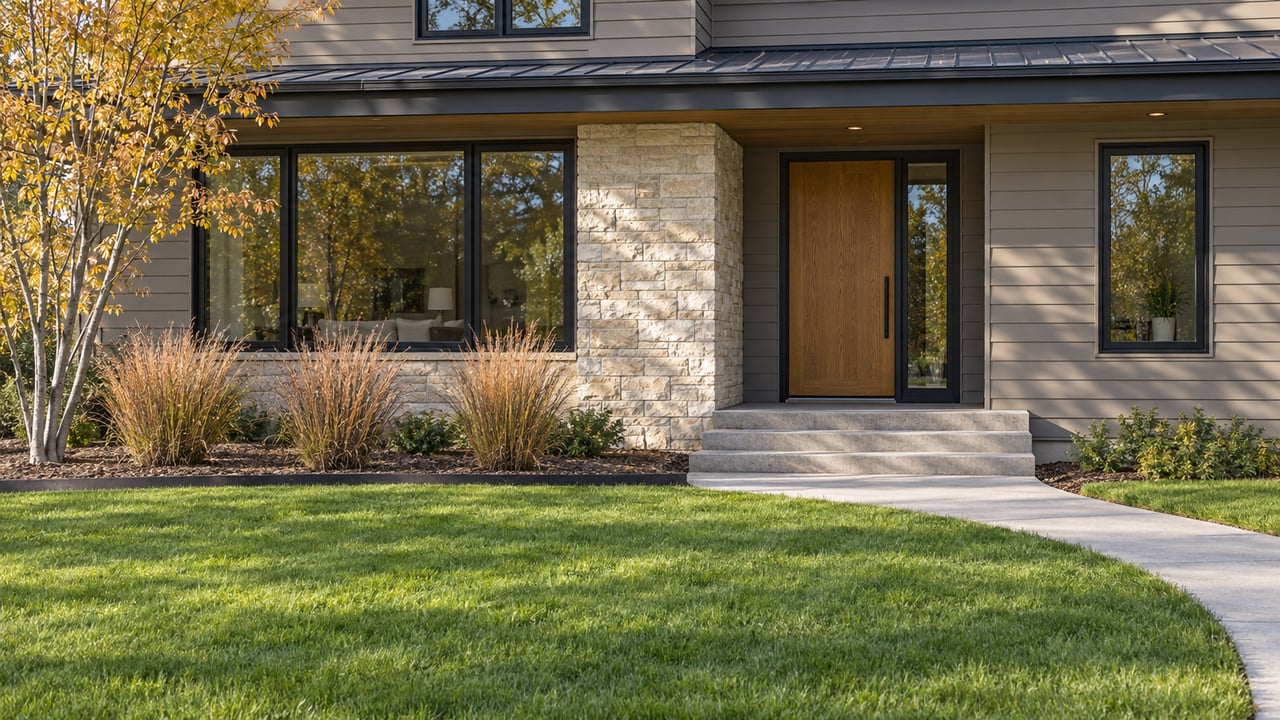 Sunlit taupe-sided home with limestone entry pier, dark-framed windows, a curved concrete walk and a deep lawn with autumn planting.