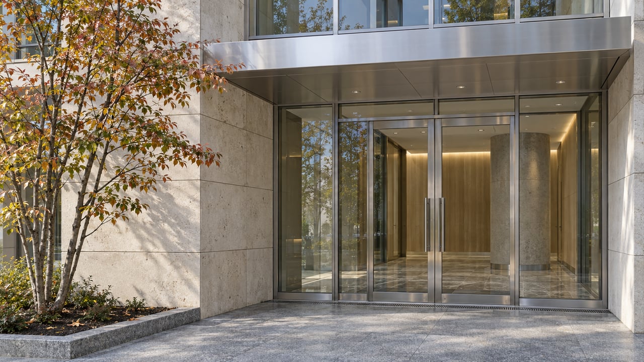 Close architectural photograph of a luxury residential entrance with limestone, silver-framed glass doors, granite paving and an autumn serviceberry tree.