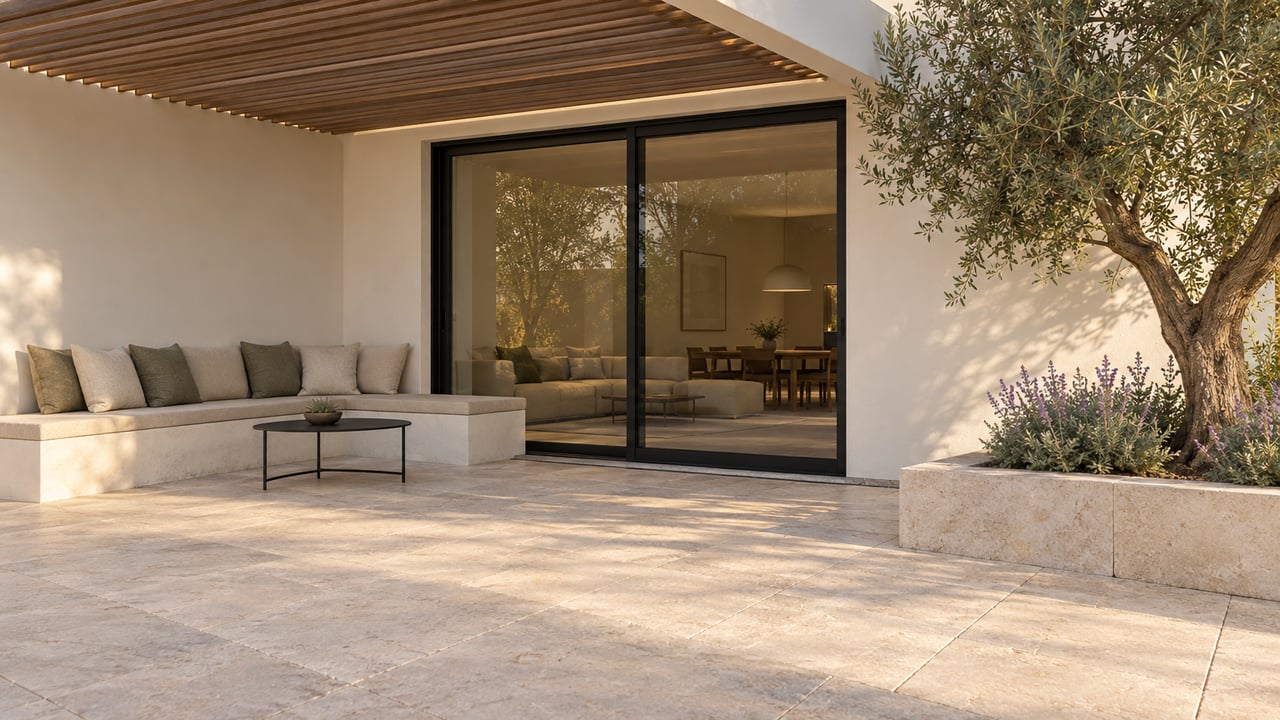 Pale stone courtyard with a built-in bench beneath a slatted canopy, beside black-framed glass doors and an olive tree.