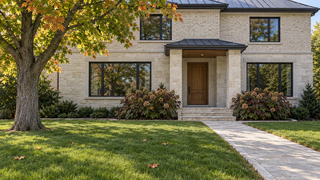 A limestone-and-cream-brick detached home beyond a deep lawn, with a mature maple, hydrangeas, and a stone entry walk in early-autumn sunlight.