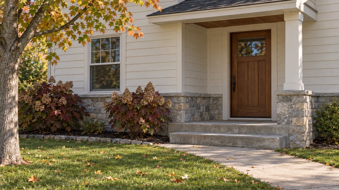 Autumn sunlight on a covered home entry with cream siding, a limestone base, broad concrete steps and amber maple leaves above a green lawn.