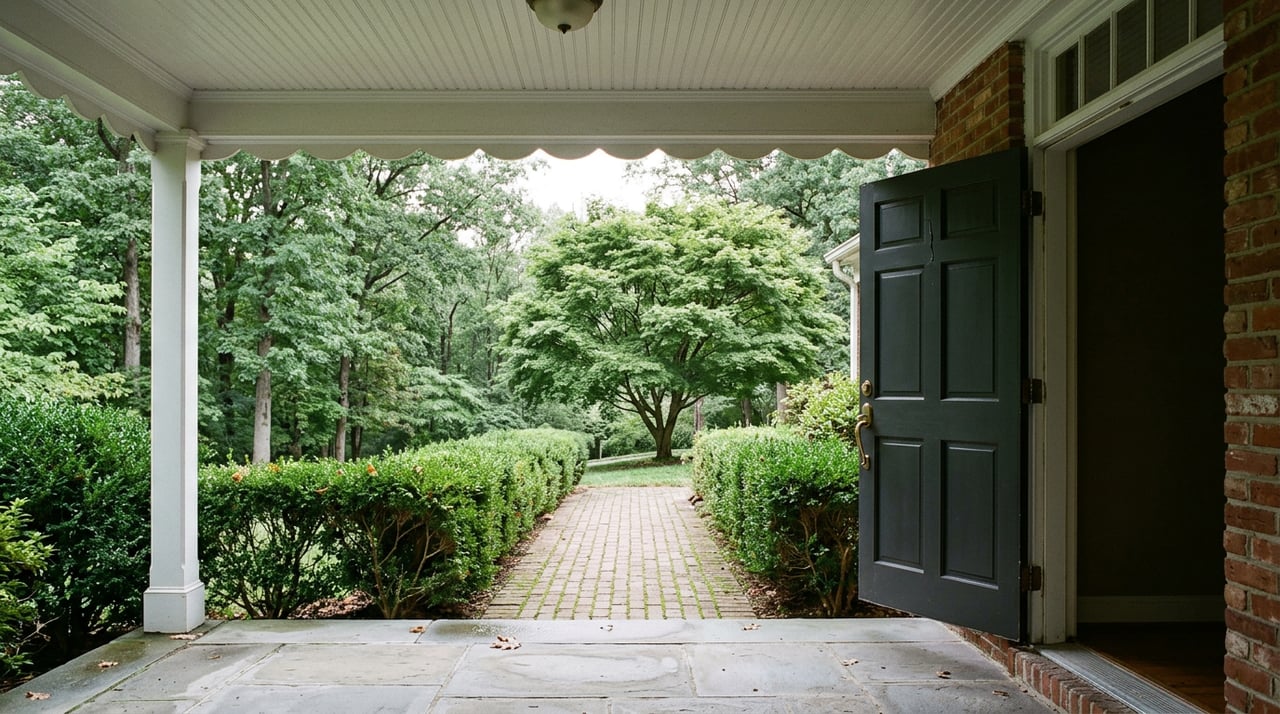 Charcoal door frames a brick walkway bordered by clipped hedges, leading to a rounded-canopy tree.