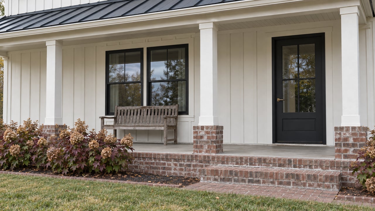 Covered porch of a warm-white board-and-batten home with brick steps, paired dark windows, an oak bench and oakleaf hydrangeas.