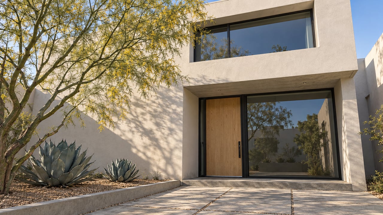 Off-white contemporary two-story home with dark-framed windows, a pale wood entry door, concrete paving and sculptural desert planting.