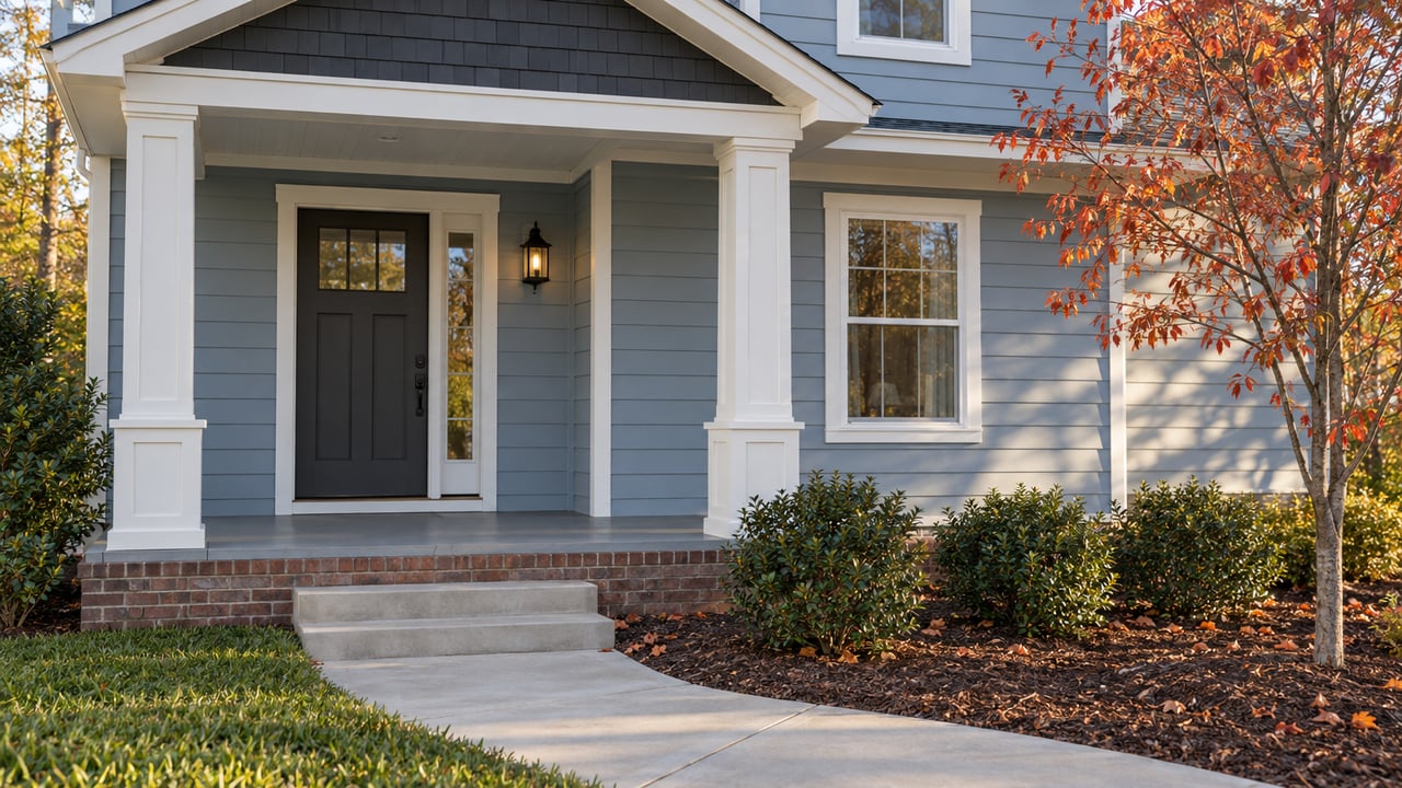 Soft-blue house porch with charcoal door, brick-faced steps, concrete walk, and sparse red autumn leaves.