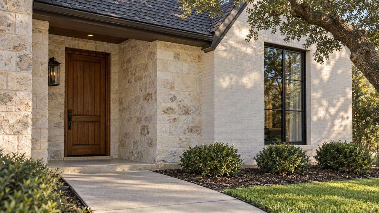 Recessed limestone entry with a warm wood door beside a black-framed window, beneath an oak canopy.