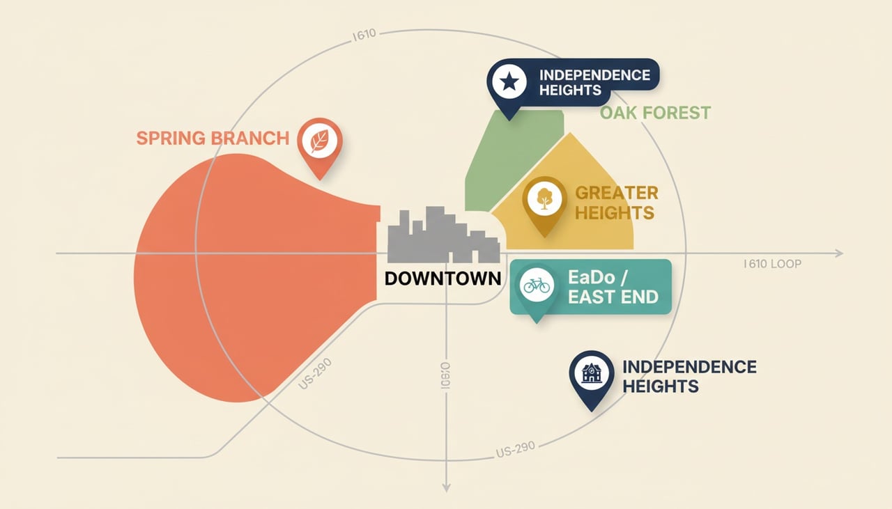 Best Houston neighborhoods for first-time homebuyers in 2026: Spring Branch, Heights, EaDo