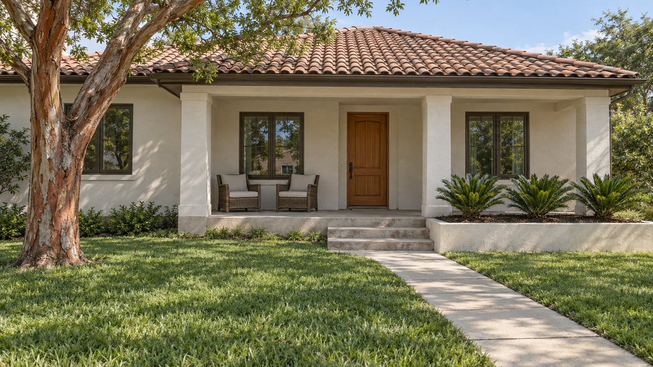White stucco bungalow with a tiled roof, shaded front porch, deep lawn and a copper-barked specimen tree.