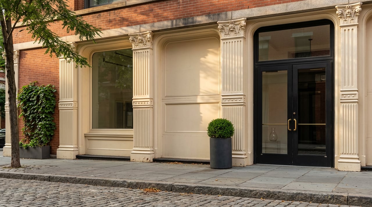 Ivory cast-iron loft facade with arched window, glass entry doors, and a clipped boxwood sphere beside the cobblestone curb.