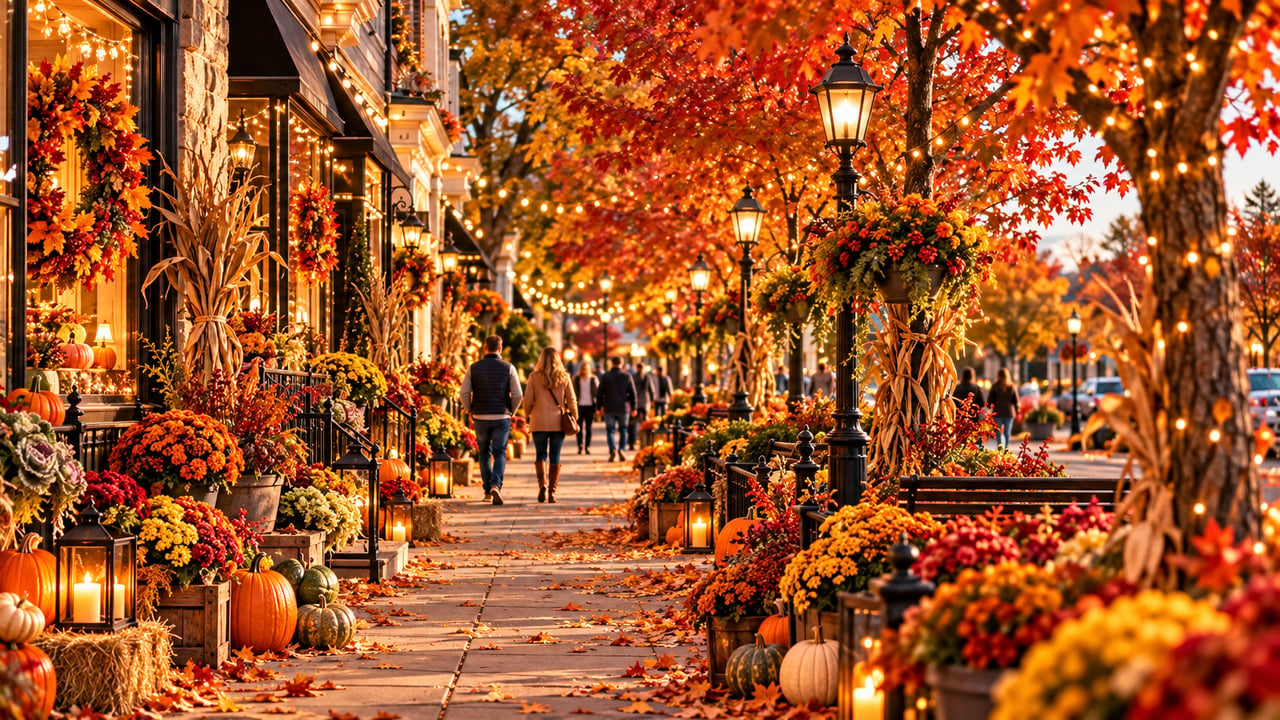 Autumn-decorated shopping street with pedestrians, pumpkins, glowing lanterns and red-orange trees.