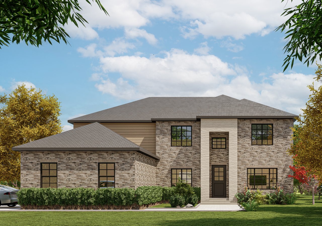 Two-story brick and stone home with dark-framed windows, trimmed hedges, and a broad front lawn.