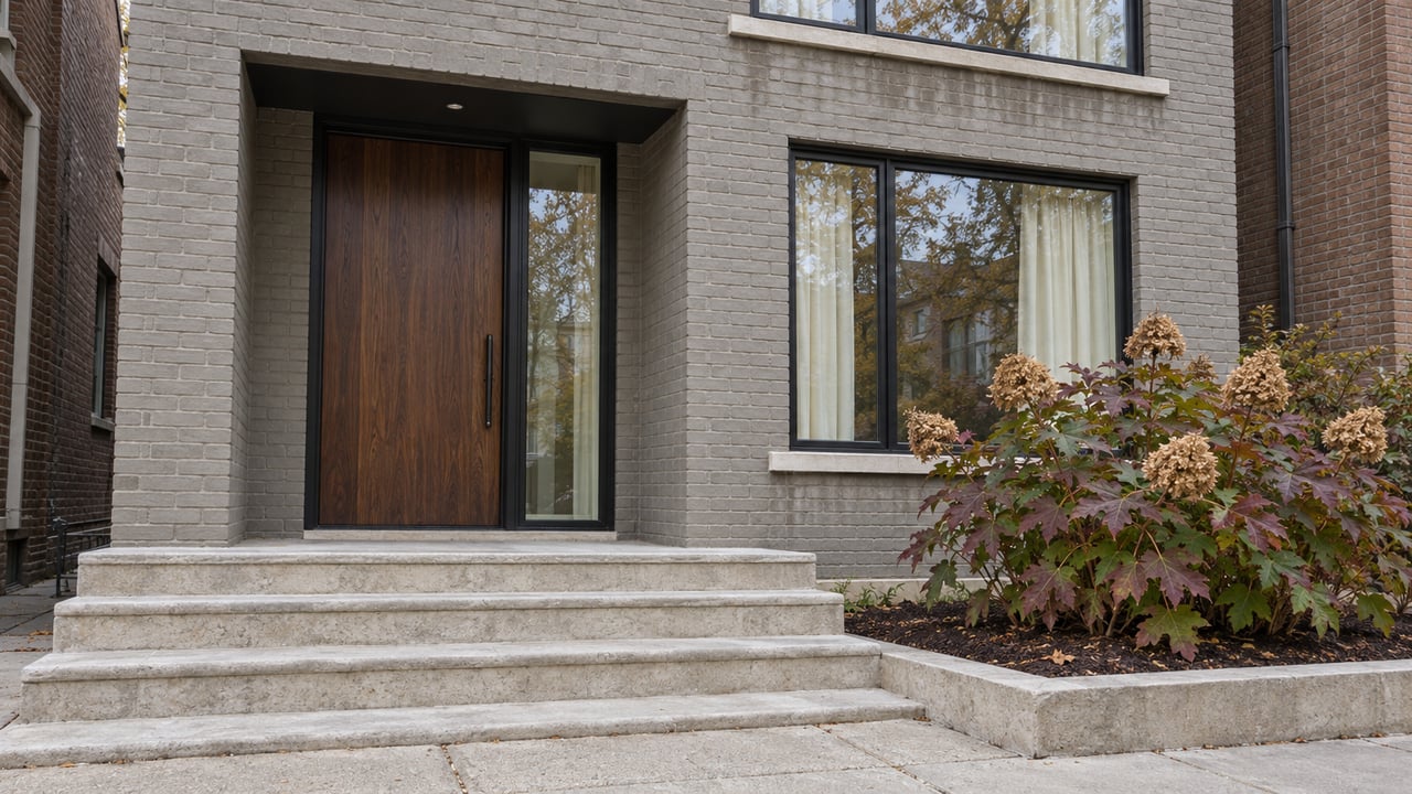 Painted-brick residence with a recessed walnut door, black-framed windows and limestone entry steps beside autumn oakleaf hydrangea.