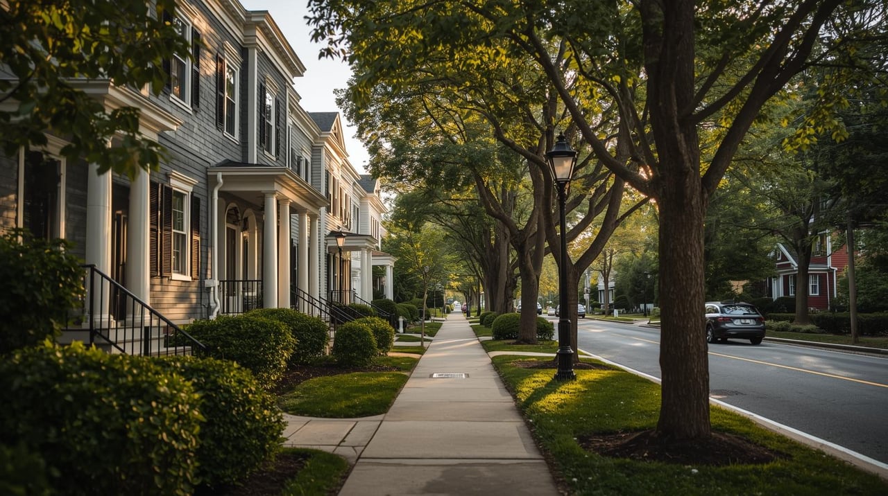 Tree-lined residential street with traditional homes and a black streetlamp in warm evening light.