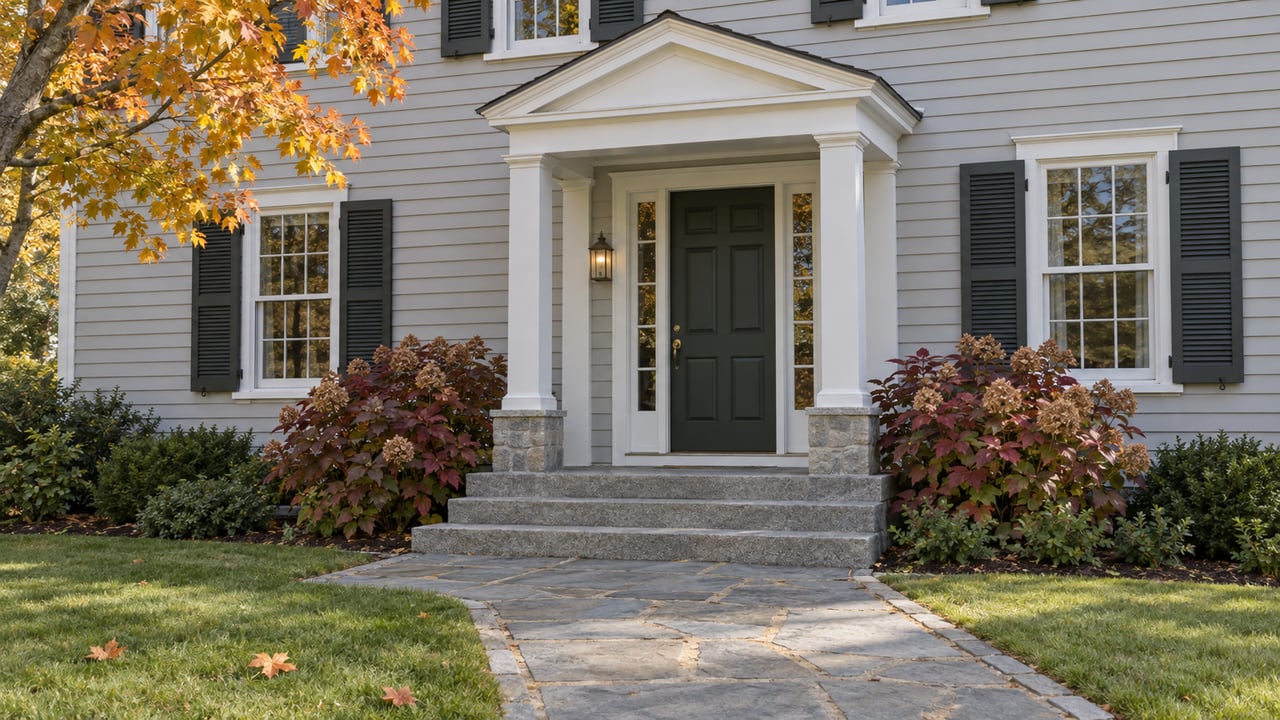 Gray clapboard home with a white portico, dark green front door, stone steps and autumn hydrangeas beside a broad lawn.
