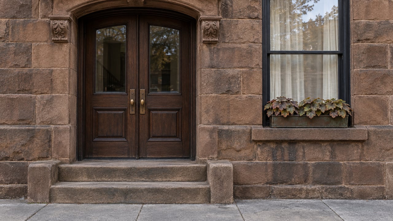 Weathered brown sandstone townhouse entry with paired walnut doors, broad stone steps and a bronze window box beneath a tall sash window.