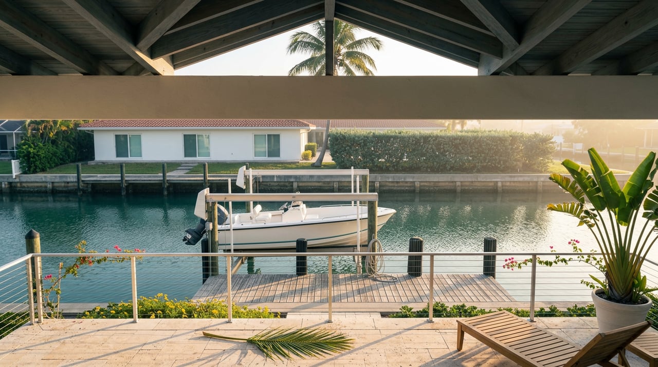 Canal-side terrace with coral-stone pavers, a teak chair, and a dock holding a boat lift and small boat.