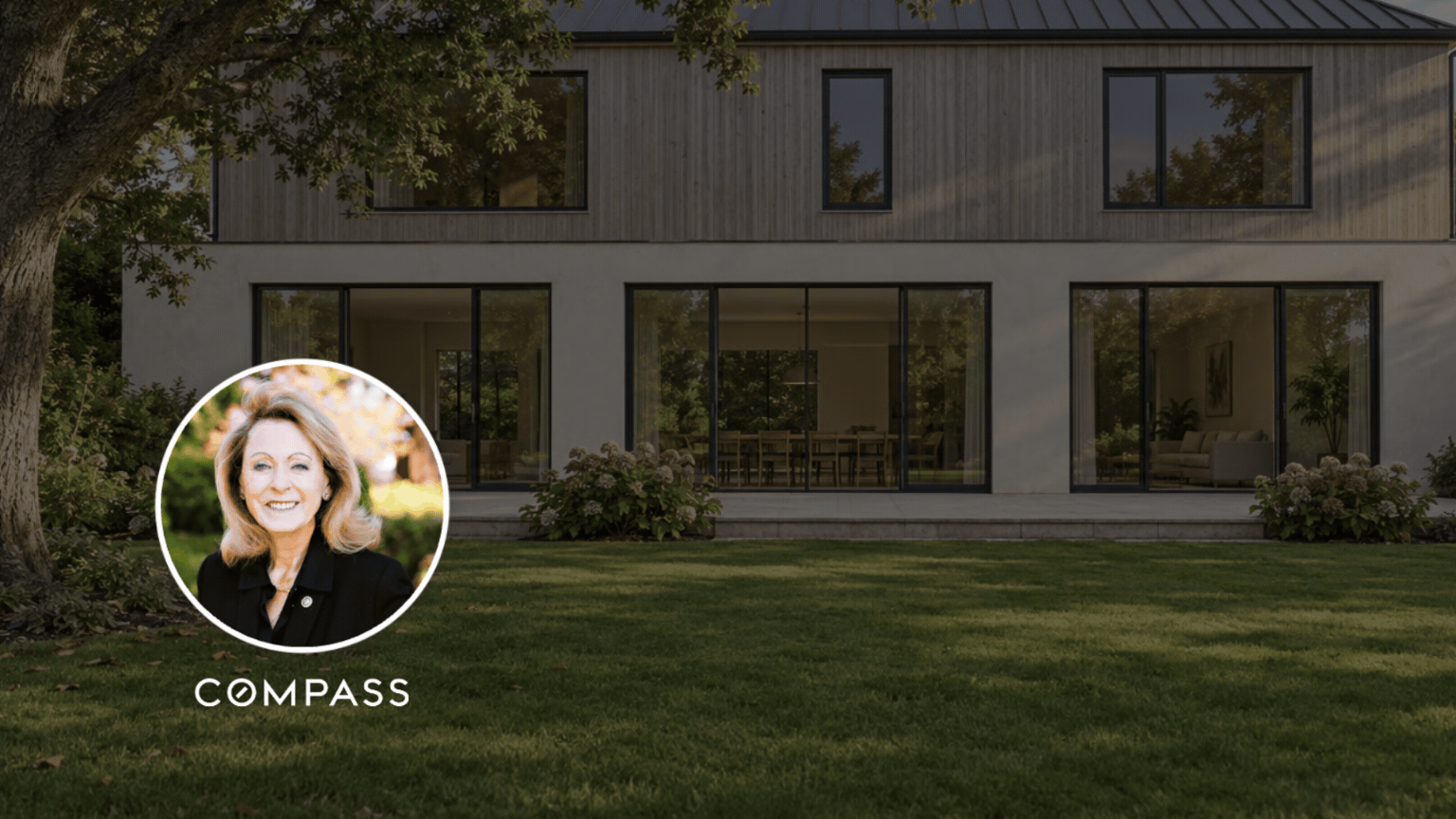 Modern two-story home with broad windows and a lawn, overlaid with a circular agent portrait and COMPASS logo.