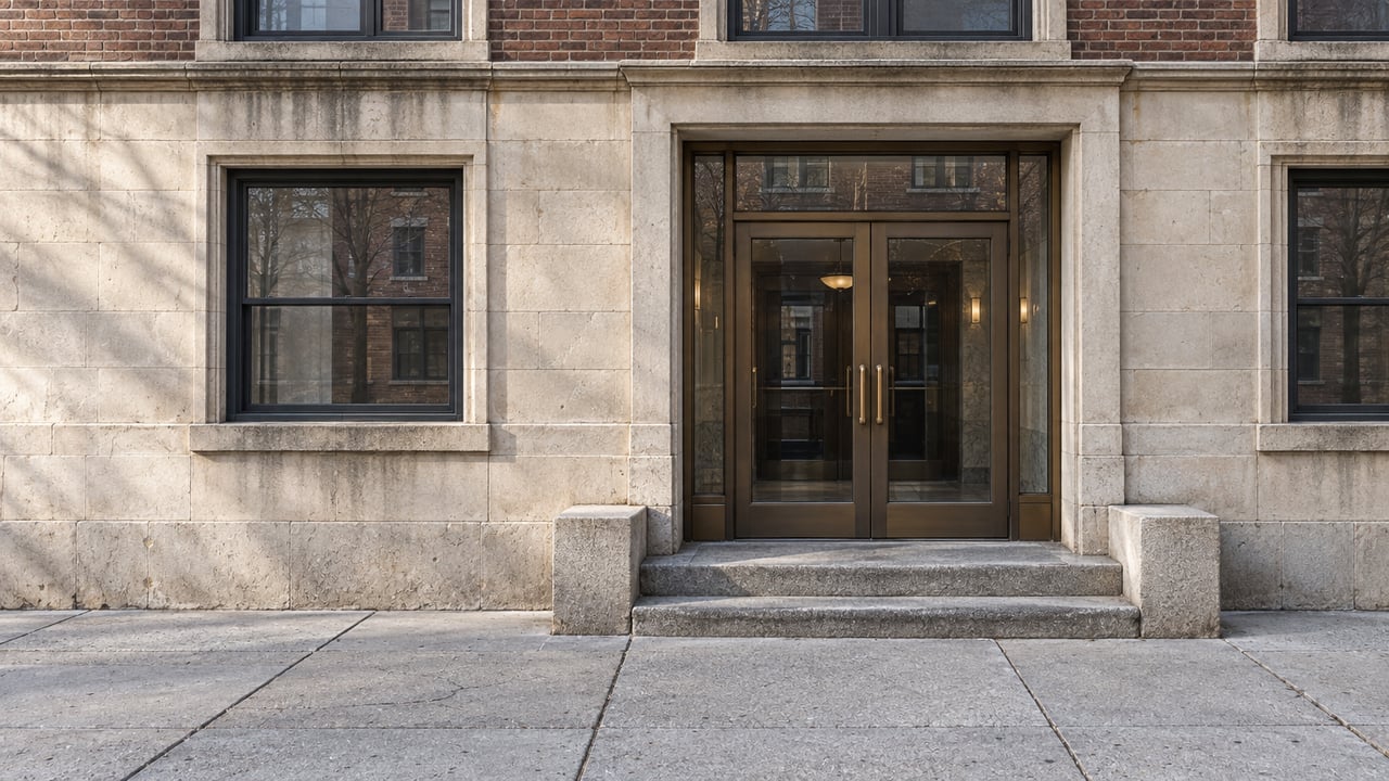 Bronze-framed double doors recessed into a weathered limestone apartment facade above broad granite steps and a concrete sidewalk.