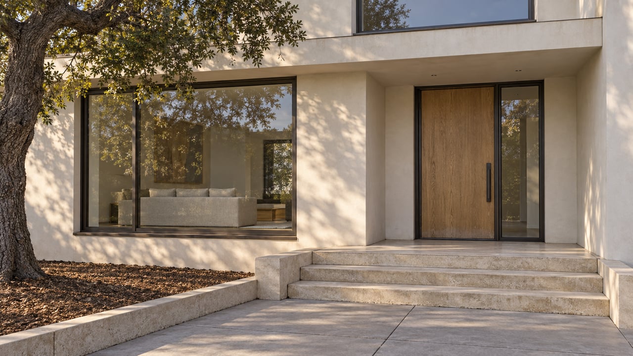 Warm stucco luxury home with bronze-framed glazing, an oak entry door and pale limestone steps beside a mature oak.