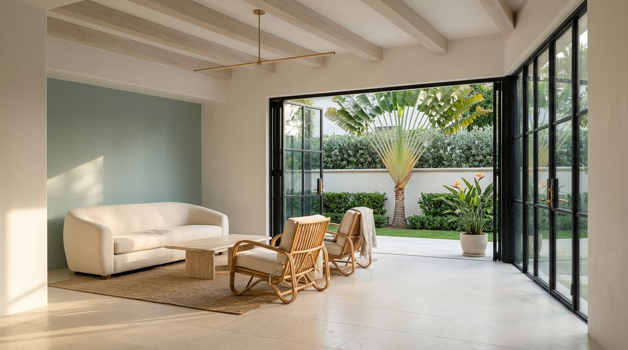 Linen sofa and rattan chairs in a limestone-floored great room opening onto a garden with a palm.