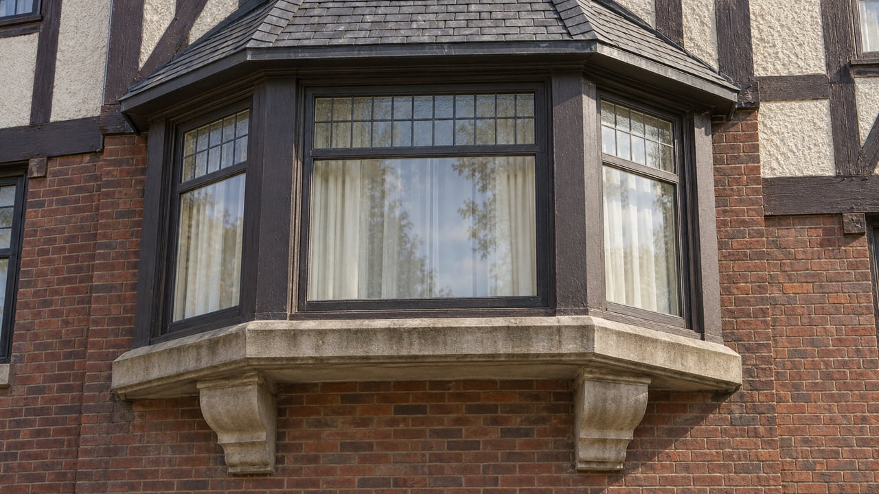 Closed leaded windows in a dark timber bay above weathered limestone supports and red-brown brick.