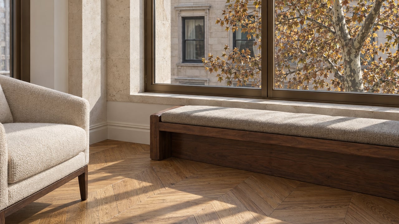 Sunlit apartment window corner with limestone surrounds, a walnut bench, cream lounge chair and oak chevron flooring overlooking autumn foliage.