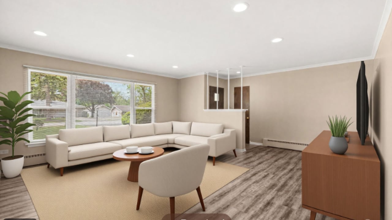 Living room with stone fireplace at 1638 Virginia Street Downers Grove IL