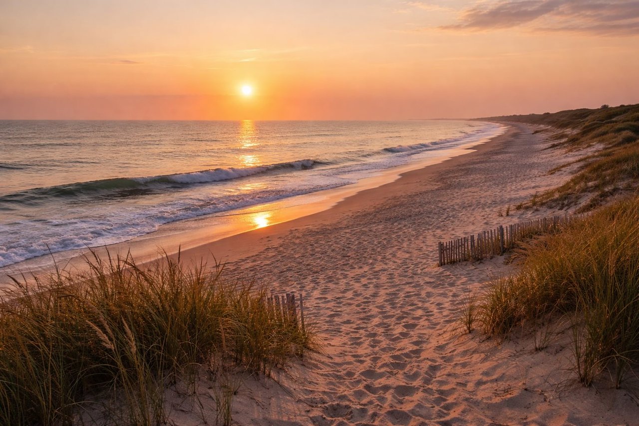 quiet beach at sunset with soft light and ocean horizon