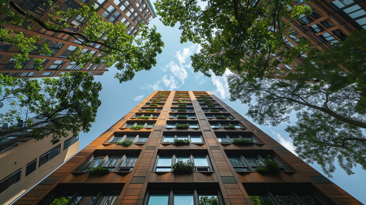 Modern apartment buildings rise among leafy trees, viewed from below against a blue sky.