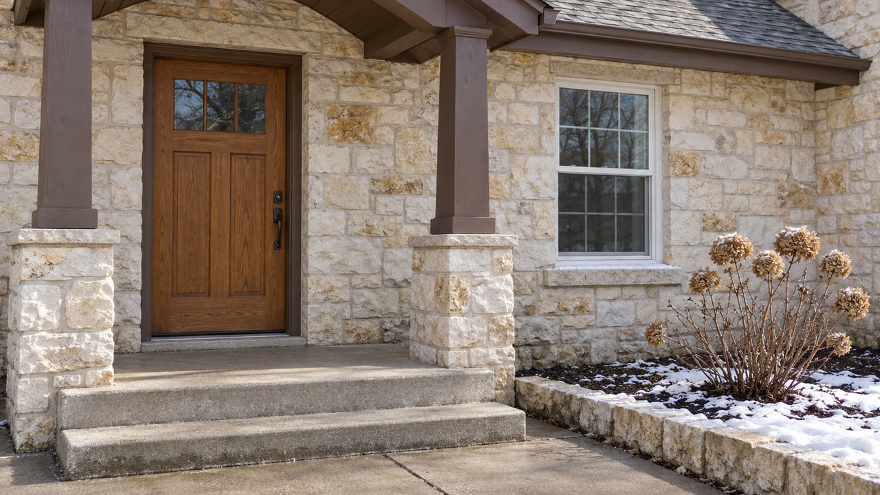 Winter sunlight on a limestone home entrance with an oak door, paired porch posts, shoveled concrete steps and dried hydrangea flowers.