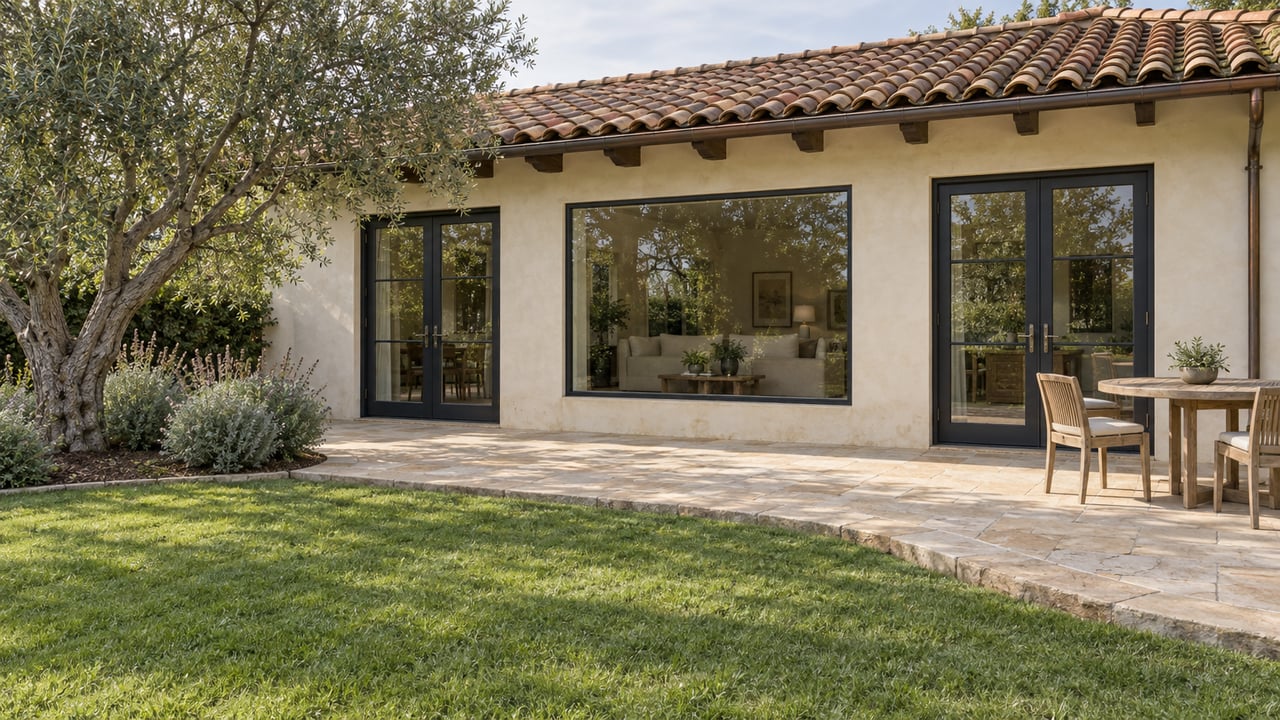 An ivory stucco home with a terracotta roof faces a deep lawn and sandstone terrace shaded by a mature olive tree.