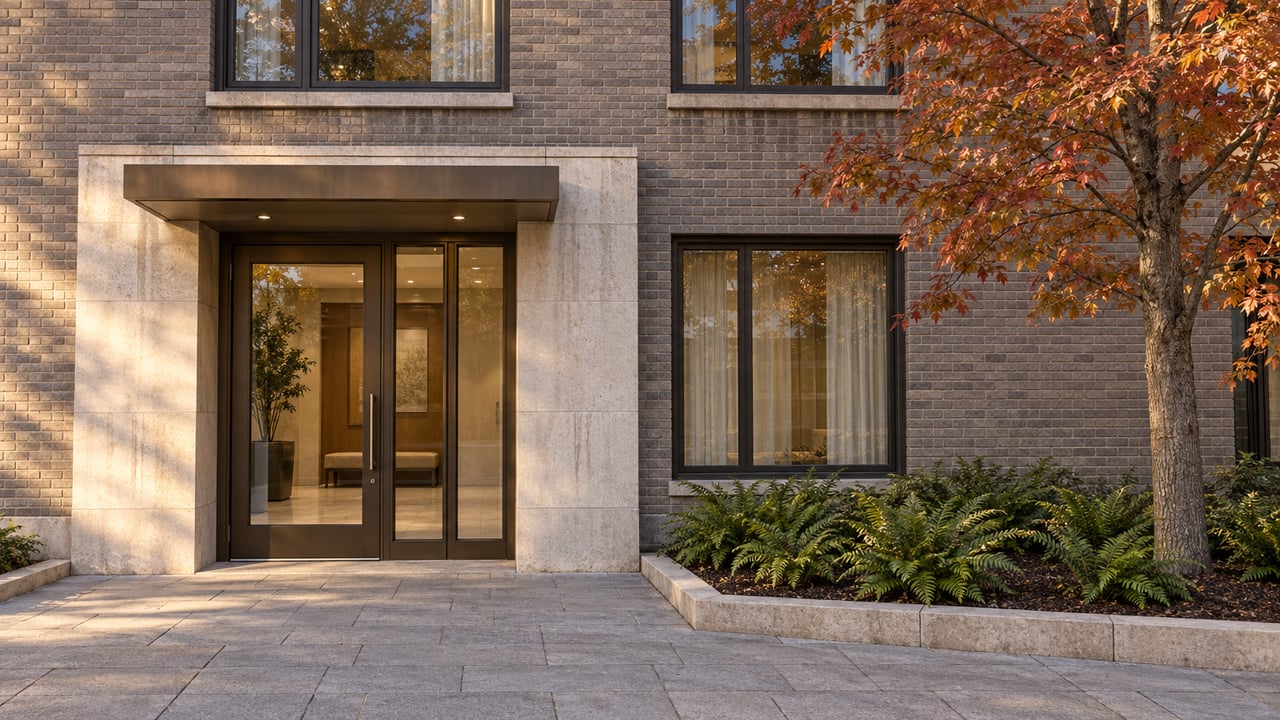 Brick condominium entrance with limestone surround, bronze-framed glass door and a red maple beside a paved approach.