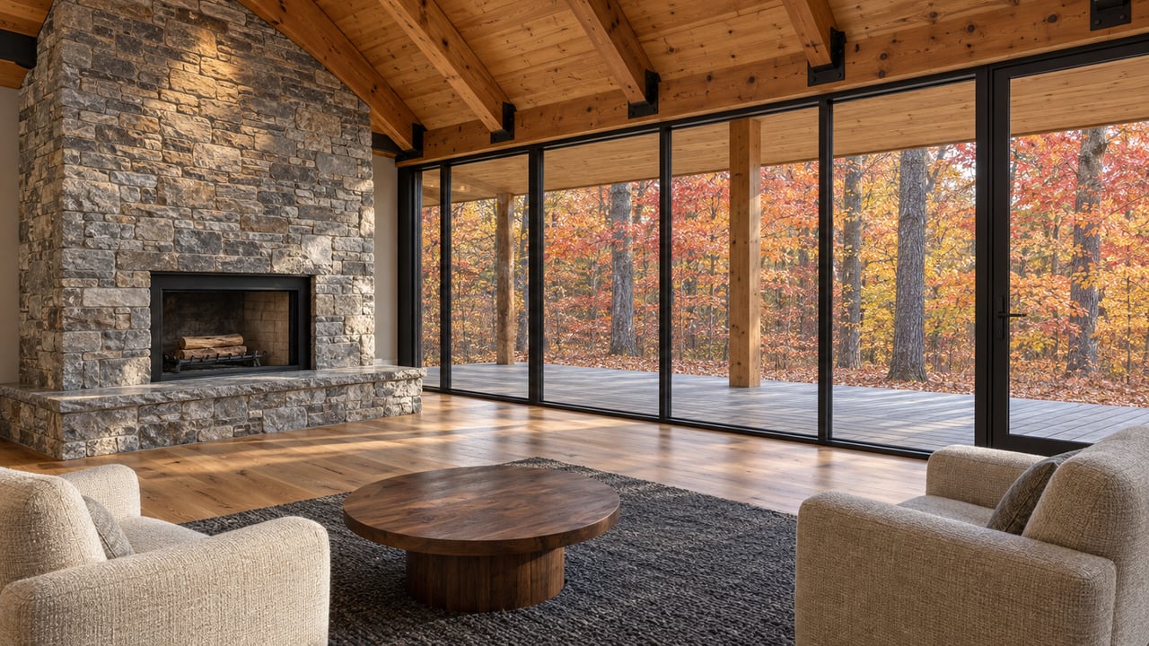 Timber-vaulted living room with a stacked-stone fireplace, oak floors, wool chairs, and black-framed glass overlooking a covered deck and autumn hardwoods.