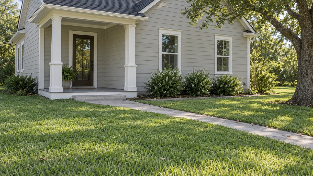 Light gray clapboard house with a covered porch, front lawn, concrete walk, and oak tree.