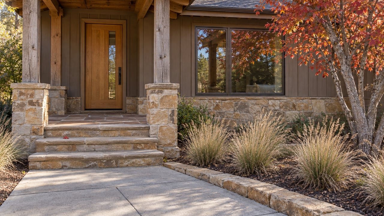 Morning light on a timber porch, sandstone steps and wood-sided home, beside a red-leaved maple and dry native grasses.